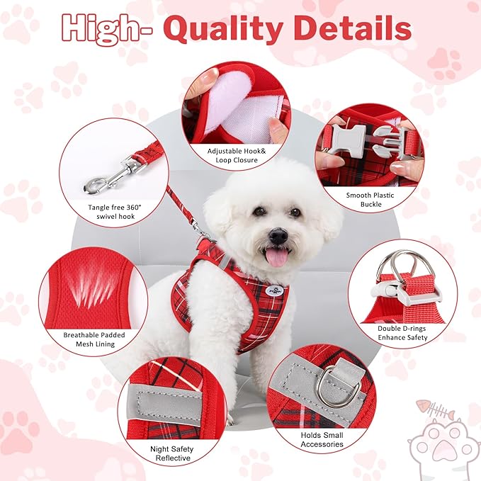 Gyuzh No Pull Dog Harness - 3-in-1 Step in Harness Collar Leash Set for Small Dog Walking & Training, Easy Walk Style, Lightweight Plaid Vest (Red, M)