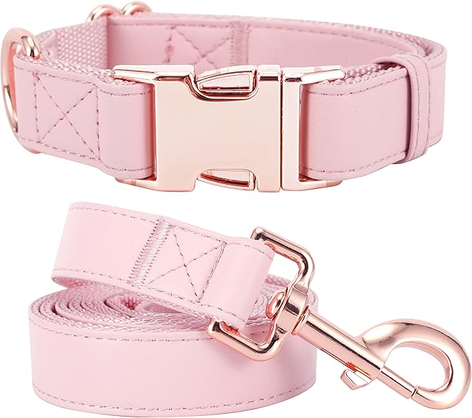 Dog Collar and Leash Set.Soft and Easy to Clean Vegan Leather with Rose Gold Metal Buckle for Small Medium Large Dogs (Pink, M(13.8"-19.7"))