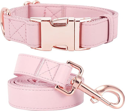 Dog Collar and Leash Set.Soft and Easy to Clean Vegan Leather with Rose Gold Metal Buckle for Small Medium Large Dogs (Pink, L(15.4”-24.8“)