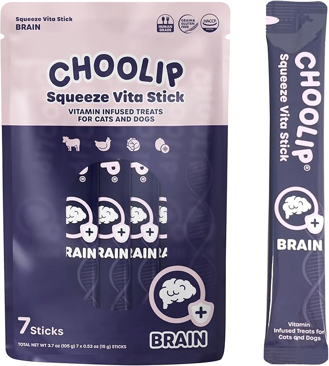 Choolip Squeeze Vita Stick Brain Support Lickable Cat and Dog Treats, 7-Count – Beef and Chicken Soft Puree with DHA, CoQ10 & Vitamin E, Vet-Formulated