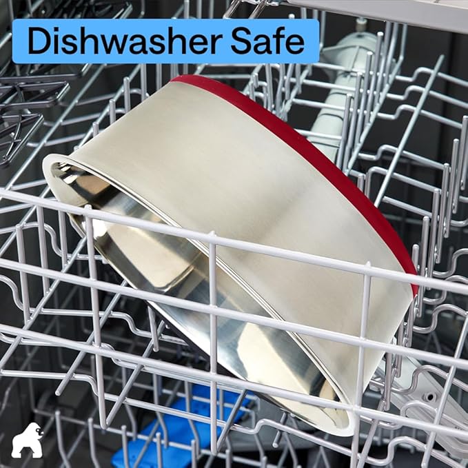 GORILLA GRIP Dog Bowls, Food Grade 304 Stainless Steel, Holds 8 Cups Each (64 fl oz) Food and Water Bowl for Feeding Dogs and Cats, Dishwasher Safe, Rust Resistant, BPA Free Rubber Base Set of 2 Red