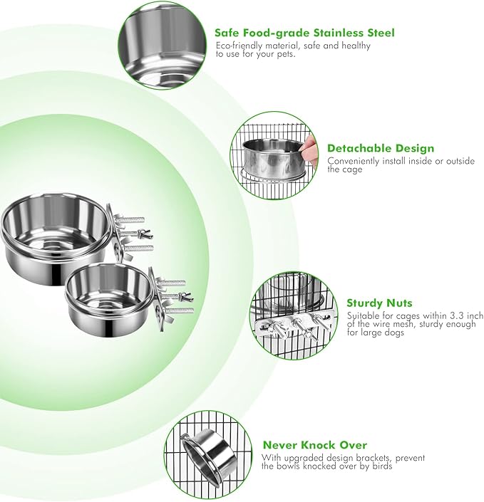 2 Pcs Small Dog Food Water Bowl for Cage with Upgraded Clamp Holder, Pet Kennel Hanging Bowls Stainless Steel Detectable Bowls Crate Feeder Dish for Small Dogs (4.7x2'' & 3.9x2'')