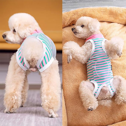 Dog Surgery Recovery Suit,Female Male Puppy Shirt,Dog Spay Neuter Onesie,E-Collar Cone Alternative,Abdominal Wound Protector,Prevent Licking Wound(Pink Green Stripe-xs)