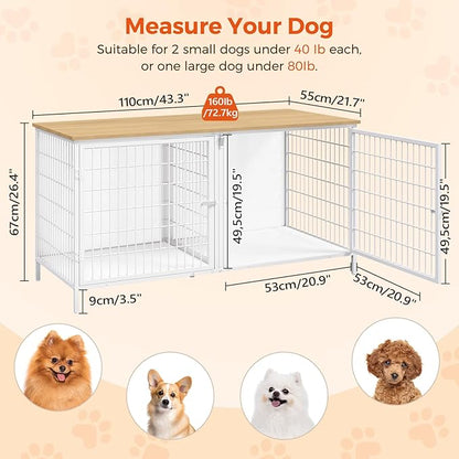 MAHANCRIS Dog Crate Furniture for 2 Dogs, 43.3" Dog Kennel with Removable Divider, Heavy Sturdy Dog Furniture Style Double Cage for Small Medium Dogs, Indoor Pet House End Table, Natural and White