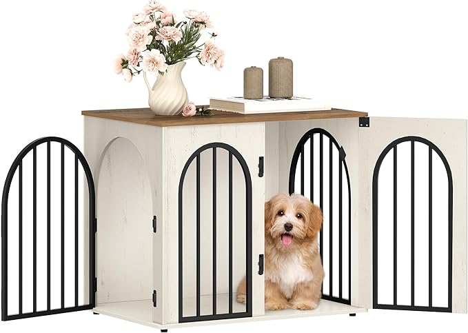 Hzuaneri 26.8'' Wooden Dog Crate Furniture, Indoor Dog Kennel Dogs Cage for Small Dogs, Heavy Duty Dog Crates Decorative Pet House End Side Table TV Stand, White Brown DFC85514B