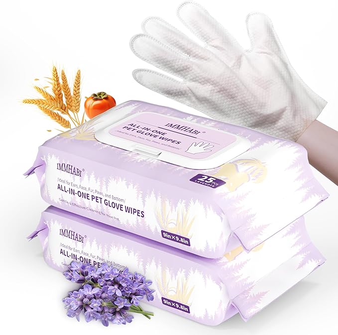 IMMHABI 50 Pcs Cleaning Deodorizing Pet Glove Wipes for Dogs & Cats, Hypoallergenic Dog Bath Wipes with Natural Deodorizer Persimmon Tannin, Pet Bathing Wipes for Horse Coat Care Lavender Scent