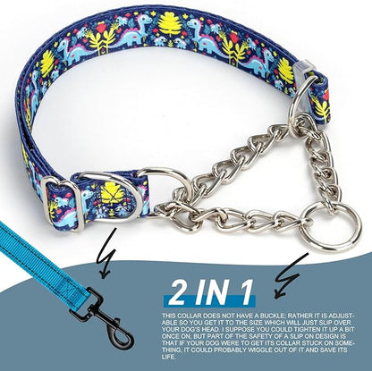 Martingale Dog Collar - Adjustable Anti-Pull Training Collar with Safe Choke Chain Design,Dinosaur Pattern for Medium,Large & XL Dogs (Dinosaur XL)