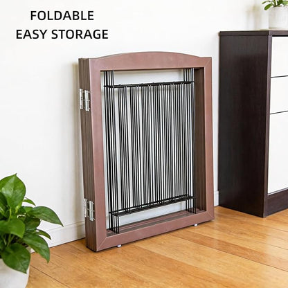 ZJSF Freestanding Foldable Dog Gate for House Extra Wide Wooden Brown Puppy Gate Stairs Dog Gates Doorways Tall Pet Gate 24 "Height 4 Panels Pet Fence