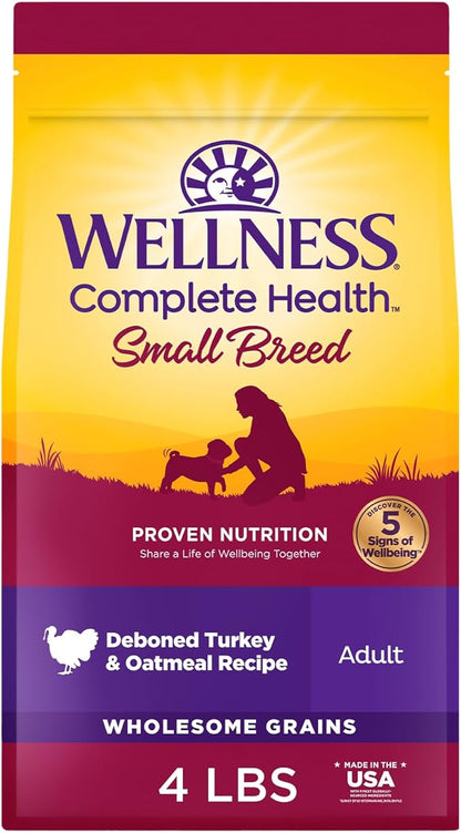 Wellness Complete Health Small Breed Adult Dry Dog Food, Wholesome Grain Kibble, Natural, Turkey and Oatmeal Recipe, 4 lb Bag