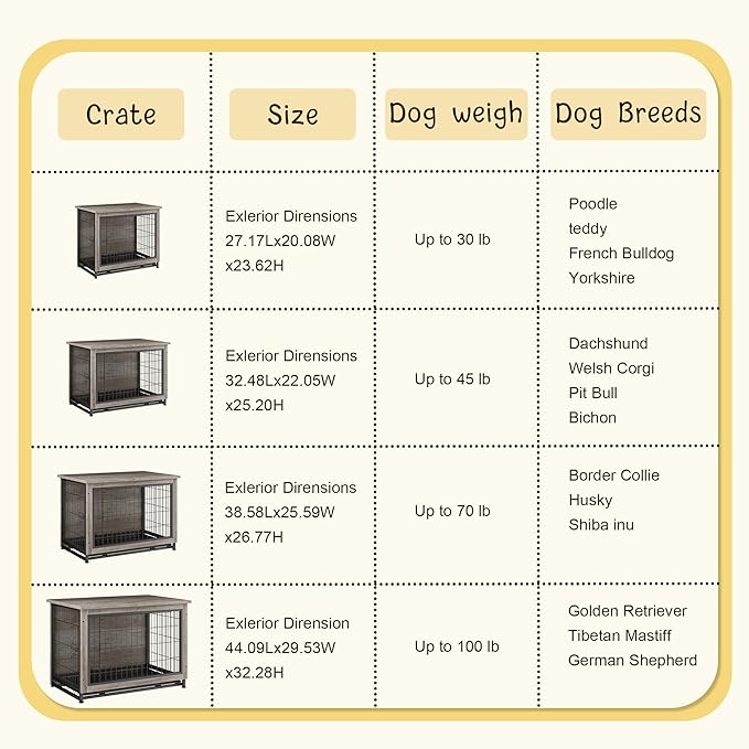 JY QAQA Dog Crate Furniture, Wooden Dog Crate Table, Double-Doors Dog Furniture, Indoor Kennel, Dog Cage/Grey/S