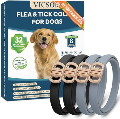 Flea and Tick Collar for Dogs 4 Pack, 32 Months Prevention, Waterproof, Adjustable for Small Medium Large Dogs Puppies (Black and Grey)