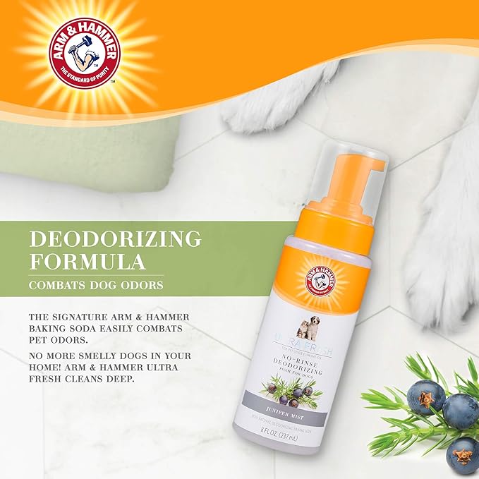 Arm & Hammer for Pets Ultra Fresh Dog Deodorizing Foam,Juniper Mist Scent - No Rinse Waterless Dog Shampoo for Smelly Dogs,Pet Deodorizer,Bathing Supplies,8 Fl Oz,(Pack of 2)
