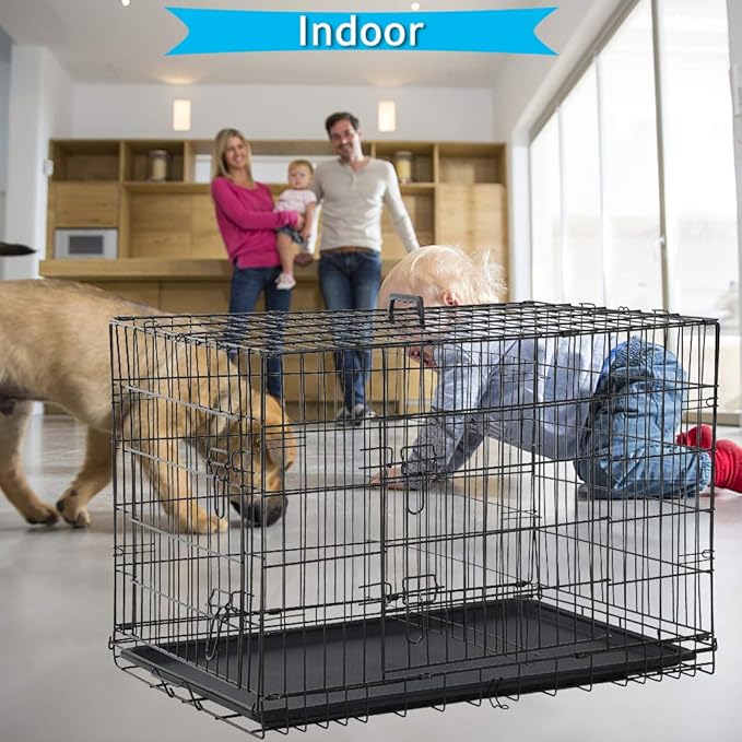 Dog Crate Dog Kennel Cage for Small Dogs, 24" Portable Foldable Indoor Outdoor Large Double Door Wire Metal Puppy Cat Pet Dog Cage with ABS Tray LC & Divider, Black