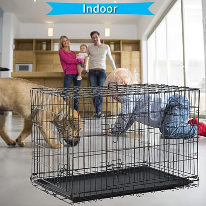 Dog Crate, Folding Portable Outdoor Large Two Door Metal Cat Dog Cage with ABS Tray LC Panel Floor Protecting Feet Wire Animal Pet Dog Kennel with Divider