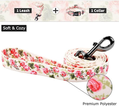 Ihoming Puppy Collar and Leash Set for Daily Outdoor Walking Running Training, Pink Flowers Design for Extra Small Boys Girls Dogs Cats Pets, XS-Up to 10LBS