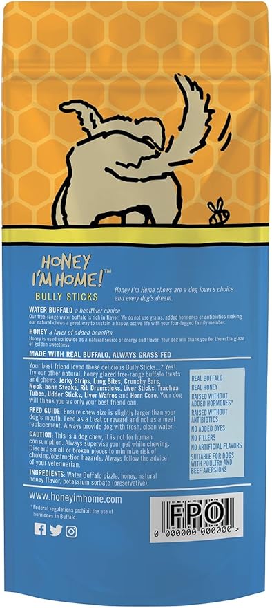Honey I'm Home, Bully Sticks Buffalo Dog Chews, 6 Inches, 5 Pieces - All Natural, Free Range, Healthy, Grain Free, Honey Coated & Crispy