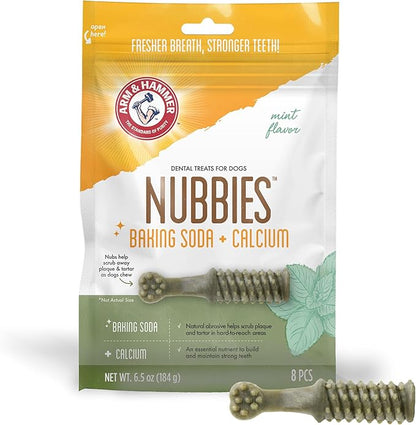 Arm & Hammer for Pets Nubbies Dental Treats - Baking Soda & Calcium Dog Dental Chews, Nubbed Texture Helps Scrub Plaque & Tartar While Chewing, Mint Flavor, 8 Count, 6.5 Ounce