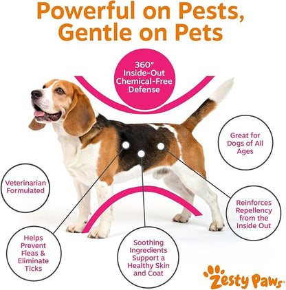 Zesty Paws Flea and Tick Prevention for Dogs Chewable - Prevention, Protection & Repellent - Dog Supplement to Kill & Control Fleas & Ticks - with Garlic, Thyme, Rosemary & Lemon Balm Extract - 90 Ct
