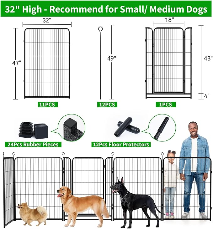 Kfvigoho Dog Playpen Outdoor Extra Wide 12 Piece Panels Heavy Duty Dog Fence 47" Height Anti-Rust with Doors Portable for RV Camping Yard, Total 32FT, 79 Sq.ft, Snowy Black
