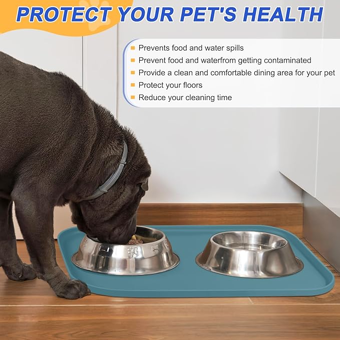 SMILOOL Silicone Pet Feeding Mat with Raised Edge for Food and Water, Dog Bowl Mats, Cat Bowls Placemat with High Lip for Floor Waterproof, Rubber Tray for Cats and Dogs 22 x 14 x0.8 Slate Blue