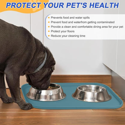 SMILOOL Silicone Pet Feeding Mat with Raised Edge for Food and Water, Dog Bowl Mats, Cat Bowls Placemat with High Lip for Floor Waterproof, Rubber Tray for Cats and Dogs 24 x 16 x0.8 Slate Blue