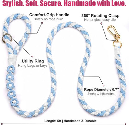 Handmade 5ft Braided Cotton Dog Leash with Unique Floral Handle, Durable and Stylish, Ideal for Small to Large Dogs,Blue & White Color
