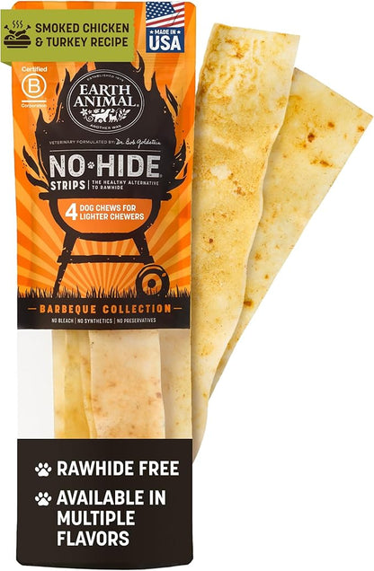Earth Animal No Hide Strips - Natural Rawhide Free Dog Chew Strips, Barbeque Smoked Chicken & Turkey - 4 Count