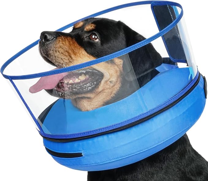 BARKLESS Donut Cone for Large Dogs, Protective Collar After Surgery to Stop Licking, Patented Blow up Dog Surgery Collar with Transparent Shield, Inflatable Pillow Cone for Labrador, Rottweiler