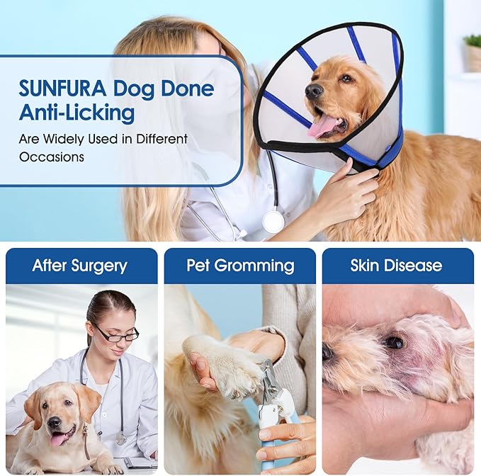 SUNFURA Dog Cones for Large Dogs, Soft Dog Cone to Stop Licking After Surgery, Detachable Pet Recovery E-Collar Alternative for Wound Healing, Blue XL