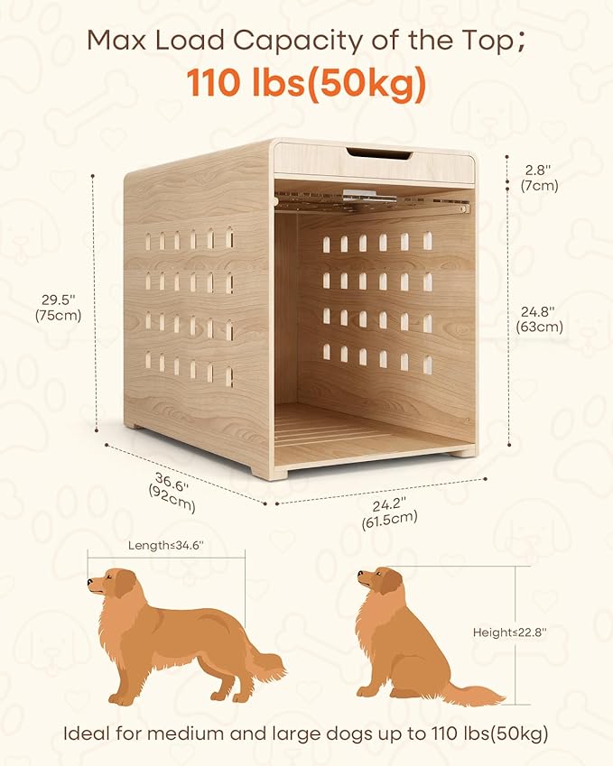 Modern Dog Crate Furniture with Charging Station Large Kennel Indoor with Flip-up Hidden Acrylic Door for Large and Medium Breeds up to 110lb Wood Pet End Side Table Cage, Oak