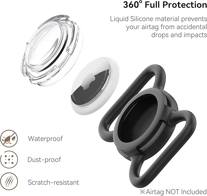 Waterproof Airtag Dog Collar Holder, Silicone & ABS Airtag Holder for Dog & Cat Collars, Ultra-Durable, Lightweight and Protective Airtag Case (Black & Rose, Large)