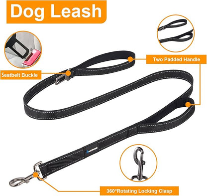 Annchwool No Pull Dog Harness,Heavy Duty Reflective Collar & Leash Set-Leash with Double Handle & Car Seatbelt Clip-Easy Control for Walking Training Medium Large Size Dogs(Black,L)
