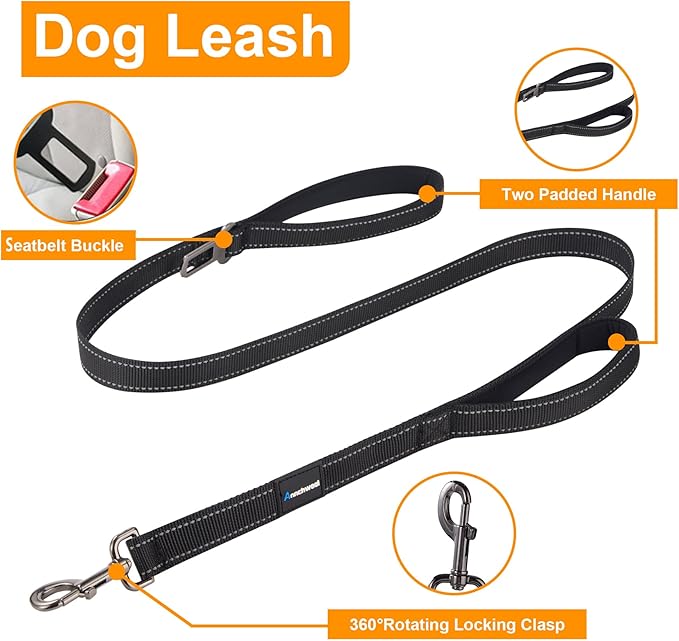Annchwool No Pull Dog Harness,Heavy Duty Reflective Collar & Leash Set-Dog Leash with Double Handle & Car Seatbelt Clip-Easy Control for Walking Training Medium Large Size Dogs(Black,S)