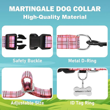 Martingale Collar with Quick Release Buckle Cute Girl Female Training Dog Collars (Pink Plaid, Medium)