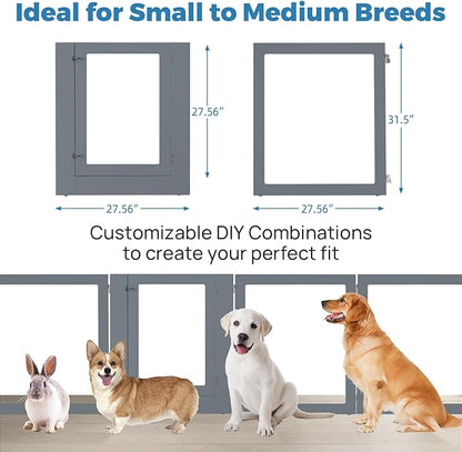 Heavy Duty Clear Acrylic Dog Playpen, 32" Height Transparent Pet Pen, Metal Frame Easy Assemble Kennel Enclosure, Ideal for Small to Medium Dogs, Cats, and Other Small Pets (Grey, 2 Panels)