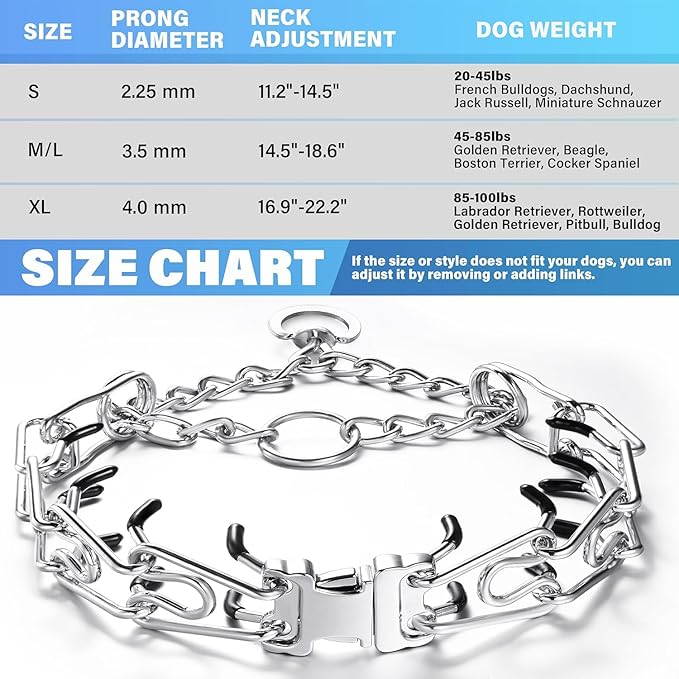 Prong Collar for Dogs, Adjustable Dog Training Collar with Quick Release Buckle for Small Medium Large Dogs (M&L/Neck Girth 14.5"-18.6")
