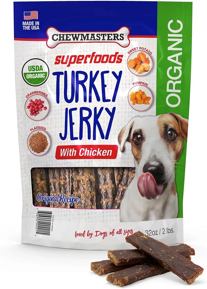 Chewmasters Organic Turkey Jerky with Chicken Dog Treat for All Life Stages - Fresh and Healthy Turkey Dog Treats - High Protein, Real Meat Snack, Grain Free, by-Product Free - USA Made, 2lb