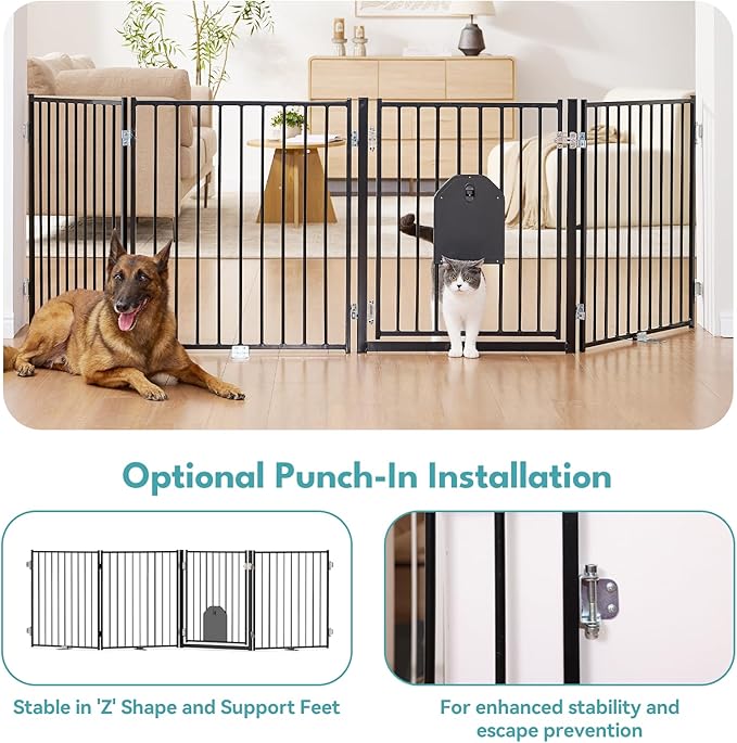 No Pawblems Dog Gate with Cat Door, Free Standing 30'' Tall Foldable Dog Fence for Indoor & Outdoor, Up to 156 Inch Extra Wide Puppy Gate for Stairs, Hallways, Doorways, Deck, Yard (Black, 6 Panels)