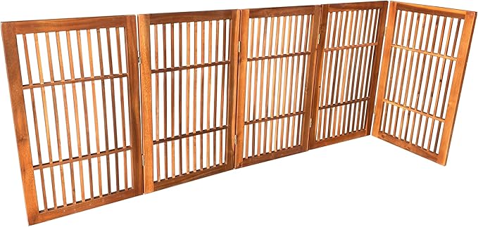 Urnporium Pet Dog Gate Freestanding, Strong Durable Folding Wooden Fence, Portable Acacia Hardwood Safety Barrier for Indoor & Outdoor Use (Brown Pet Gate, 5 Panel 30" Tall)