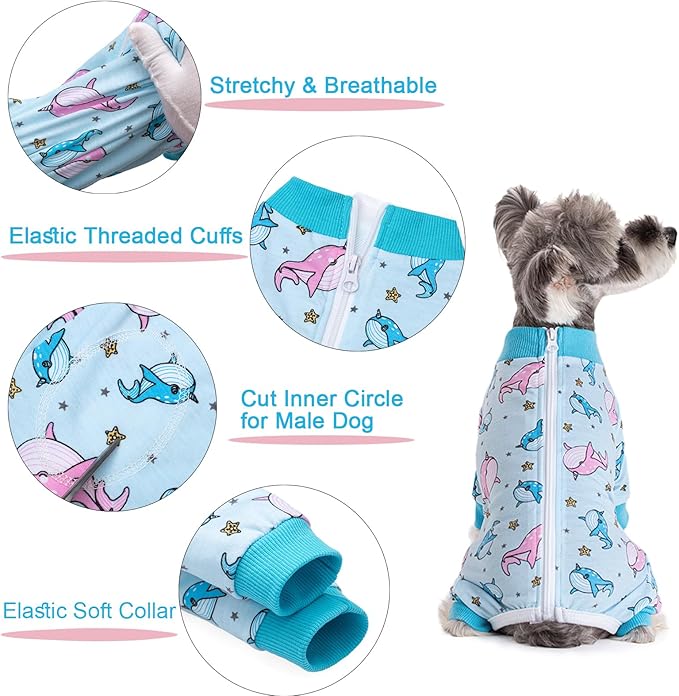 Dog Recovery Suit for Surgery Small Medium Dogs Onesie, Cute Soft Dog Pajamas Bodysuit Cone Alternative Prevent Licking Recovery Suit Female Male (Dolphins, Medium)