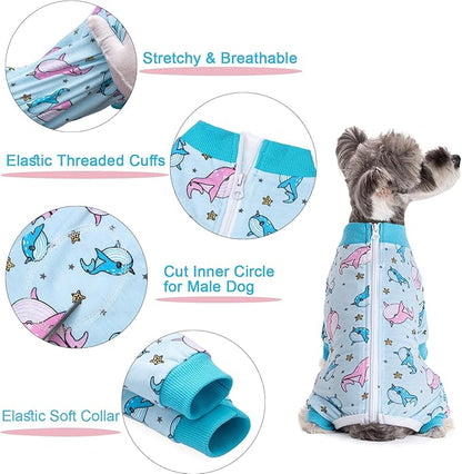 Dog Recovery Suit for Surgery Small Medium Dogs Onesie, Cute Soft Dog Pajamas Bodysuit Cone Alternative Prevent Licking Recovery Suit Female Male (Dolphins, Large)