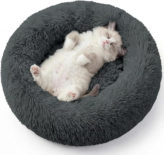 WROS Calming Dog Bed, 24" x 24" x 6" Fits Cat & Dog, Anti-Slip Round Washable Faux Fur for Doze Off, Napping Orthopedic, Dark Grey