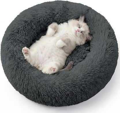 WROS Calming Dog Bed, 24" x 24" x 6" Fits Cat & Dog, Anti-Slip Round Washable Faux Fur for Doze Off, Napping Orthopedic, Dark Grey