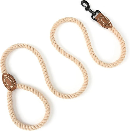Mile High Life Dog Leash, Braided Cotton Rope Leashes with Leather Tip - Heavy Duty Metal Clasp, 4FT, 1/2" Thick - Wedding, Walking & Training Leash for Small Medium Large Dogs (Light Brown)