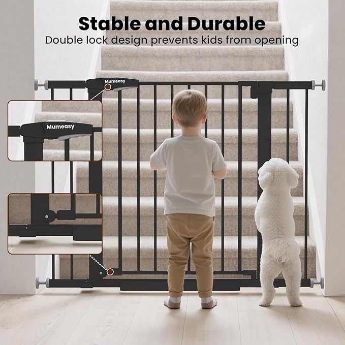 Baby Gate for Stairs, 26-40" Auto Close Dog Gate for Doorways, Pressure Mounted Child Gate with Walk Thru Door, Easy Install Safety Gate for Children and Pets, Black