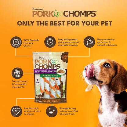 Pork Chomps Baked Pork Skin Dog Chews, 6 Inch Twists, 4 Count - Sweet Potato Wrap - Long-Lasting Treats for Dogs - High Protein, Rawhide-Free, Low Fat, Healthy & Delicious Chews