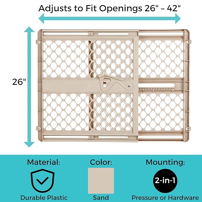 Toddleroo by North States - Supergate Ergo Baby Gate: Plastic Baby Gate for Stairs & Doorways - Adjustable Indoor Safety Gate - Made in USA - 26 to 42 Inches Wide - 26 Inches Tall - Sand