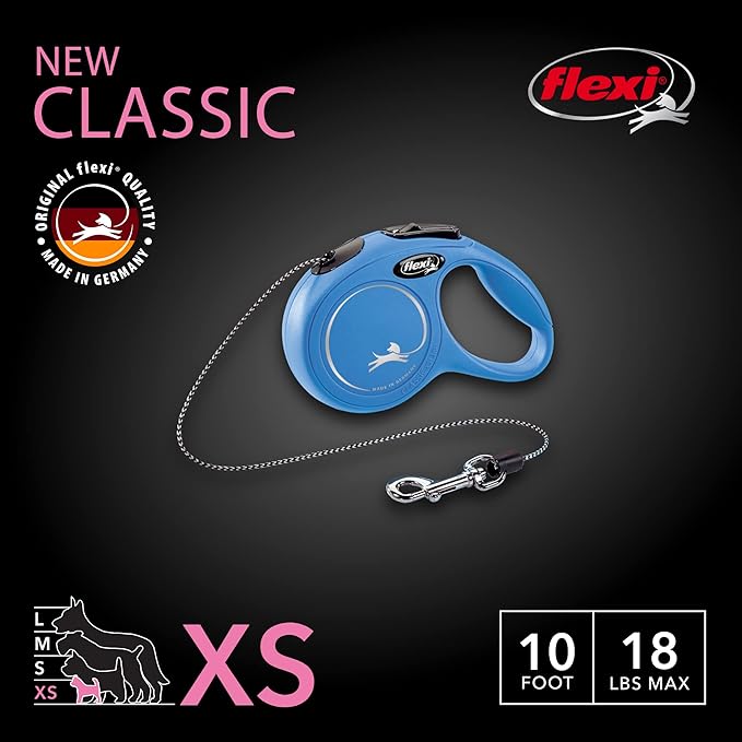 FLEXI® Classic XS Cord Retractable Dog Leash (Blue)-10 ft for Extra Small, Tiny Dogs up to 18 lbs| Ultra Compact Pocket-Size, 3-Finger Grip, German Quality| Tangle-Free, One-Hand Brake, Pause & Lock