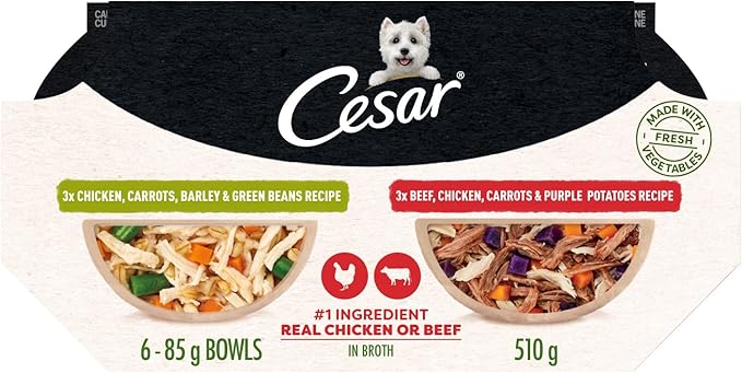 Cesar Wholesome Bowls Adult Wet Dog Food, Chicken, Carrots, Barley & Green Beans Recipe and Beef, Chicken, Purple Potatoes & Carrots Recipe Variety Pack, Wet Food for Dogs, 3 oz., 6 Count