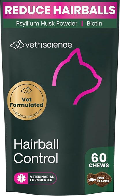 VetriScience Hairball Control Chews for Cats, Omega-3 and Fiber Supplement, Support Digestion and Skin and Coat, Tasty Small Bites, Chicken, 60 Count